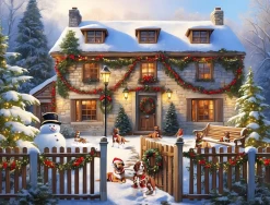 Dogs In A Christmas Cottage Garden 1000 Or 500Piece Jigsaw Puzzle